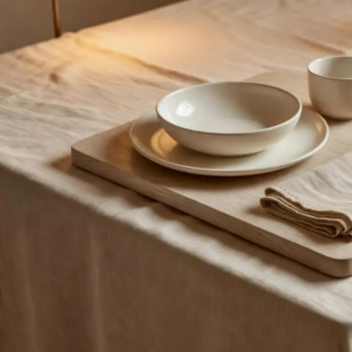 Ceramiczne talerze, lniany obrus i drewniana deska w Harvest Terrace