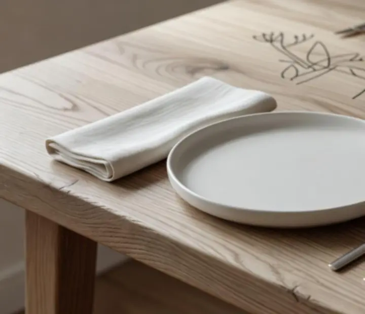 Detal jasnego dębowego stolika w Harvest Terrace z lnianą serwetą i ceramicznym talerzem.