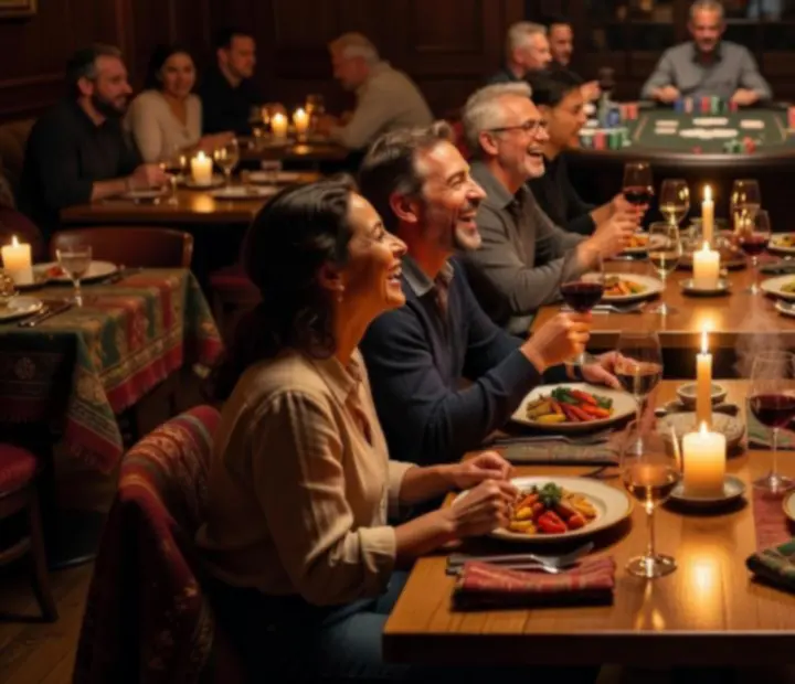 Goście w Harvest Terrace podczas wieczoru – wnętrze restauracji, rozmowy przy stołach i salon kart w ciepłym świetle.