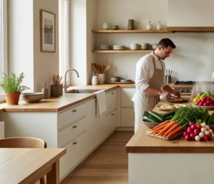 Widok z sali restauracyjnej Harvest Terrace na jasną, półotwartą kuchnię z ekspozycją świeżych składników i sezonowych warzyw.