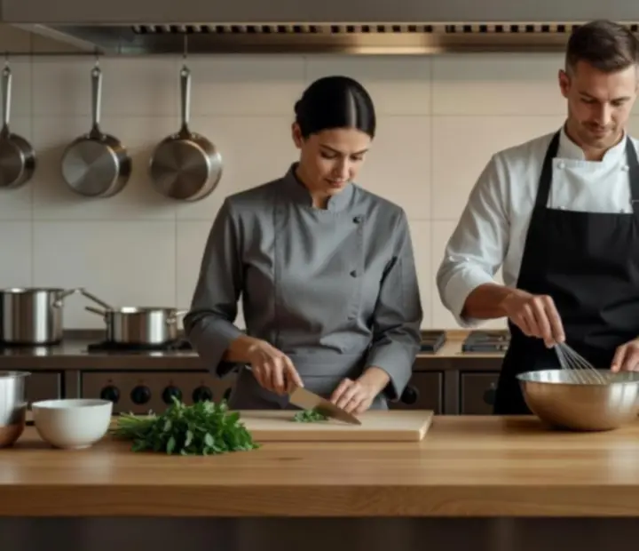 Zespół kuchni Harvest Terrace pracujący przy jasnym, drewnianym stole