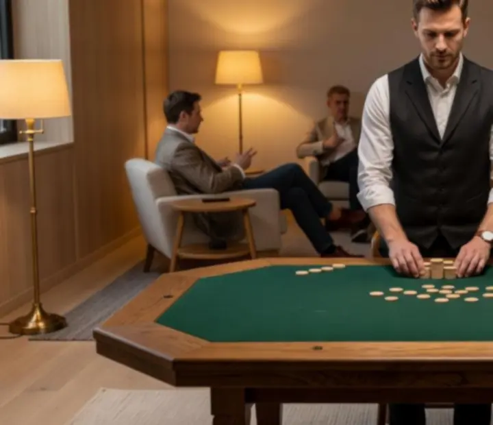 Poker na żywo przy kameralnym stole w eleganckim polskim wnętrzu z kartami i żetonami