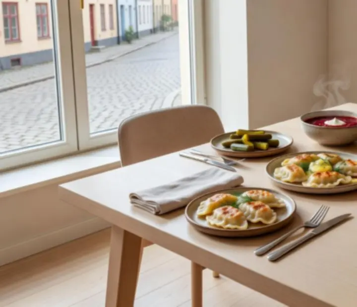 Jasny stolik w restauracji Harvest Terrace z sezonowymi daniami na kremowym obrusie