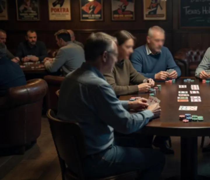 Nocna atmosfera salonu pokerowego z półmrokiem, kartami i żetonami na stole
