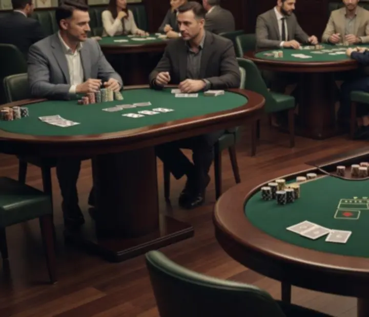Salonowe stoły do pokera, ruletki i blackjacka w wieczornym świetle