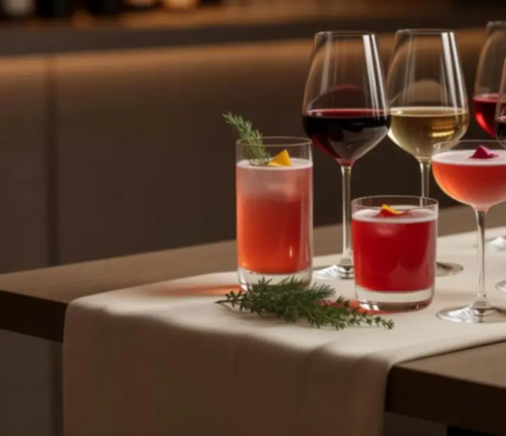 Koktajle inspirowane polskimi smakami i kieliszki wina na drewnianym stoliku w przyciemnionej restauracji