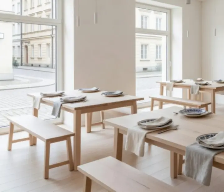 Jasne skandynawsko‑polskie wnętrze restauracji Harvest Terrace z dębowymi stołami i lnianymi detalami.