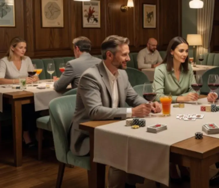 Goście w salonie kart Harvest Terrace z kieliszkami wina przy wieczornym świetle