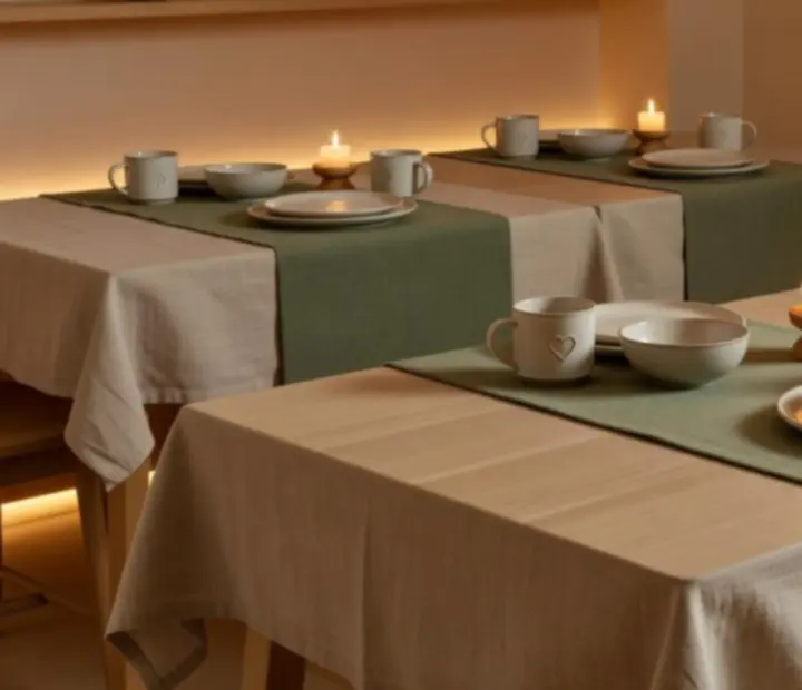 Wieczorne wnętrze salonu kart Harvest Terrace z jasnym drewnem i lnianymi tkaninami