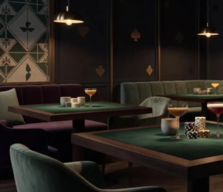 Wieczorna transformacja wnętrza Harvest Terrace w salon kart z przyciemnionym światłem, stołami pokerowymi z zielonym suknem, kartami i eleganckimi żetonami.