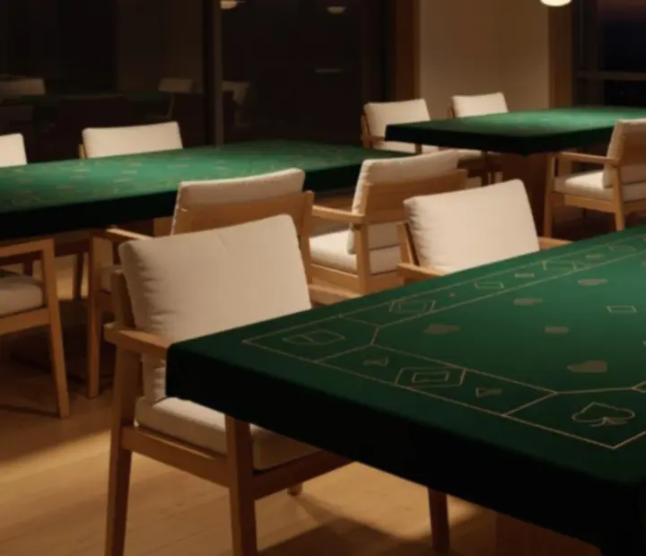 Nastrojowy salon kart Harvest Terrace z pokerowym stołem, kartami i żetonami w ciepłym świetle.