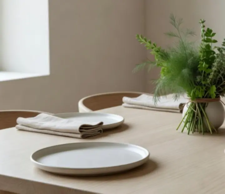 Wspólny stół w Harvest Terrace nakryty polską ceramiką, sezonowymi ziołami i minimalistycznymi dekoracjami na tle naturalnego drewna.