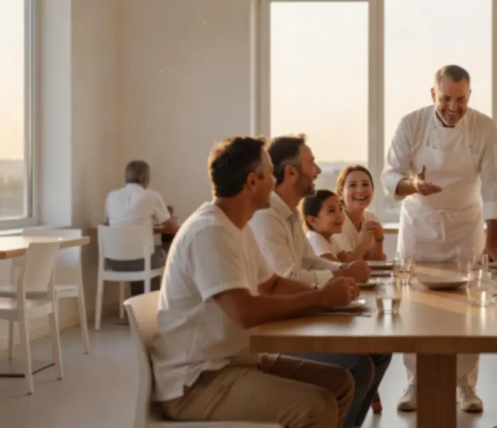 Szef kuchni Harvest Terrace rozmawia z gośćmi przy stoliku