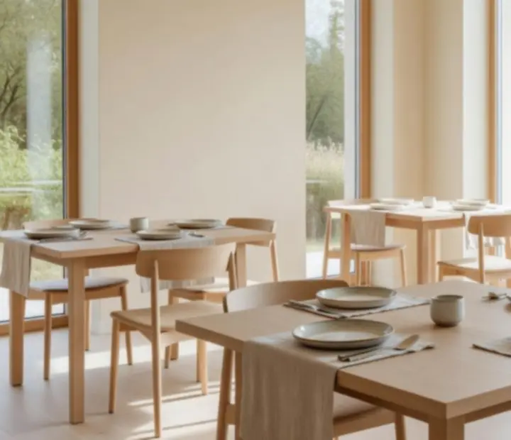 Jasny, skandynawsko‑polski salon restauracyjny Harvest Terrace z dużymi oknami, dębowymi stołami i kremowymi ścianami.